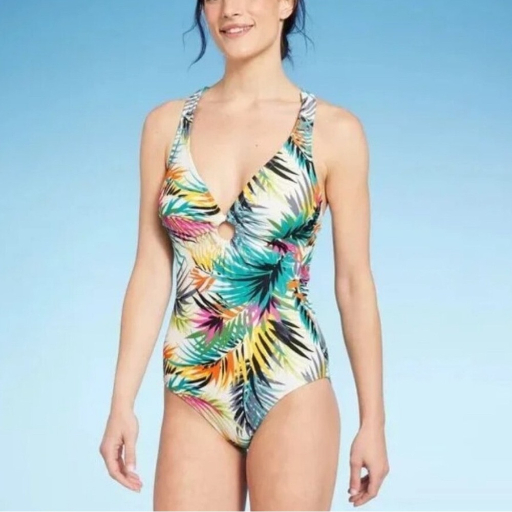 Shade & Shore Multi Tropical Print Plunge One-Piece Swimsuit